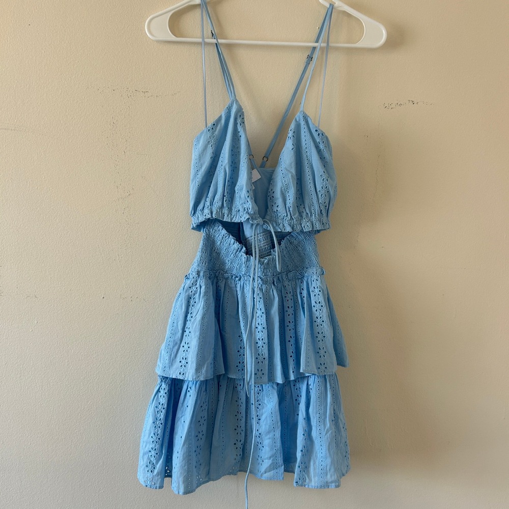 Mable Light Blue Eyelet Tiered Cutout Boho Festival Mini Dress S - Picture 7 of 11